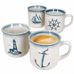 4er Set Martin Kaffeebecher Keramik creme blau maritim Anker Leuchtturm Schiff