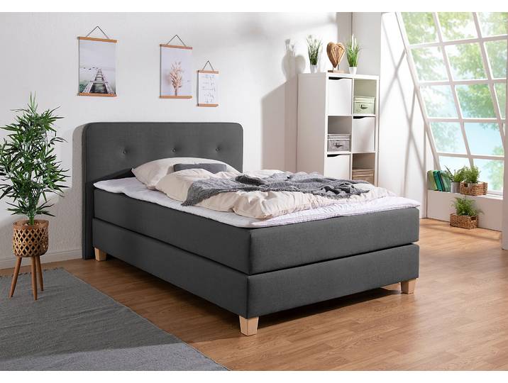 Boxspringbett, Anthrazit, 133x207 cm, Strukturstoff, Inkl. Topper, Modern, Home-affaire