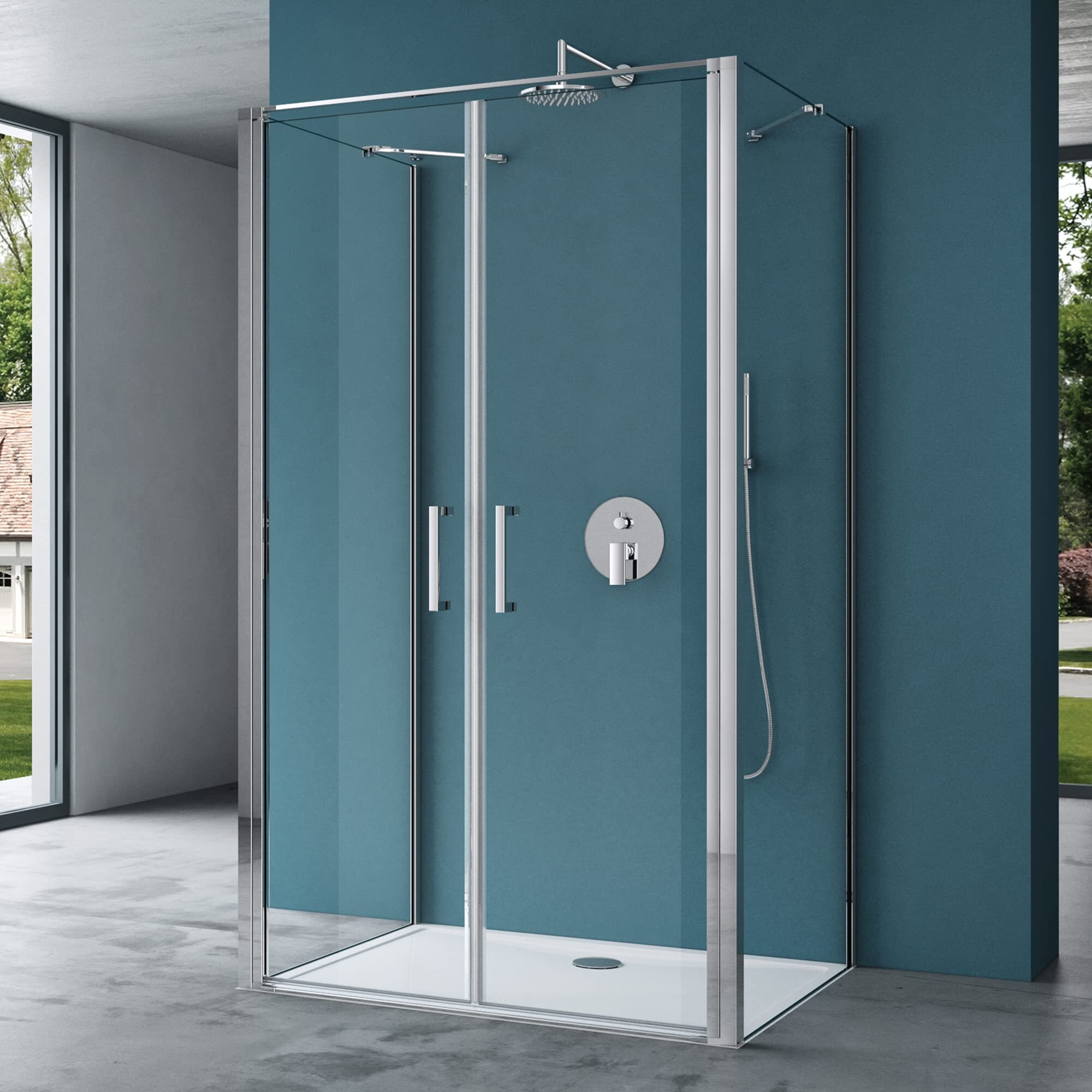 Mai & Mai Duschabtrennung 90x90 Duschkabine in U-Form Aluminiumrahmen mit Duschtasse ESG-Sicherheitsglas Klarglas Doppeltüre Ravenna66UK