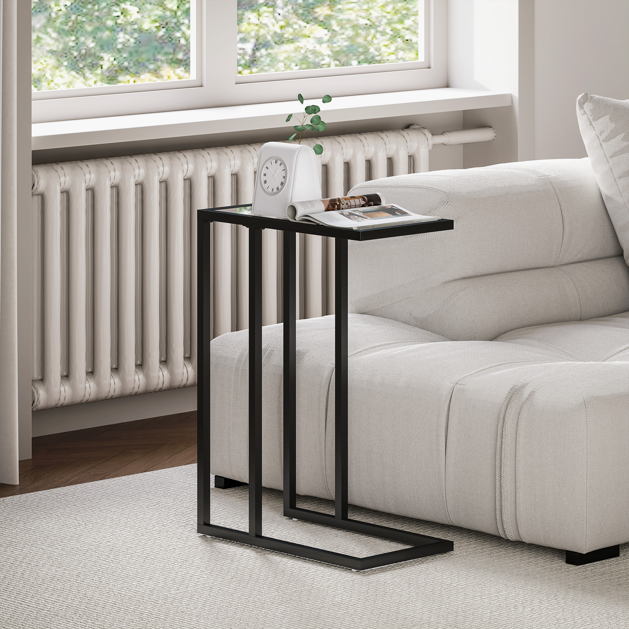 Homcom Tavolino da Caffè in Vetro e Acciaio a Forma di C, 46x25x63.5 cm, Nero