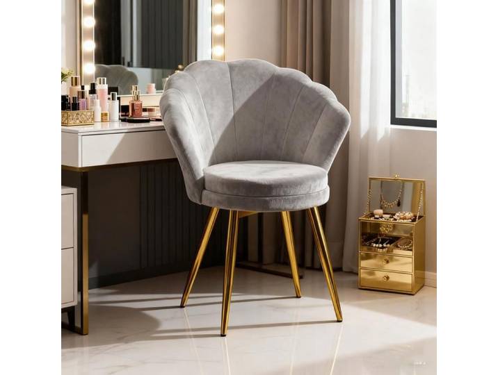 Fauteuil Coquille Velours Gris Pieds Chaise d'Appoint Moderne Confortable pour Salon Chambre Coiffeuse Décoration Chic Parisien