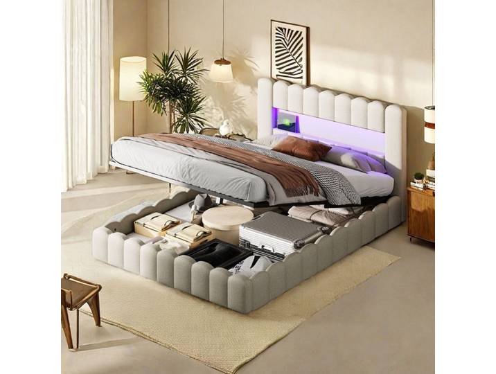 lit capitonne coffre 180x200 beige lit tête de lit espace rangement avec chargement USB cadre de lit 2 personnes lit coffre led