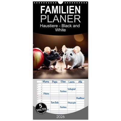 Familienplaner 2026 - Haustiere - Black and White mit 5 Spalten (Wandkalender, 21 x 45 cm) CALVENDO