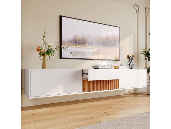 Meuble TV moderne - MODERNLUXE - 180x34x30 cm - Fixation murale/sur pied - 3 portes - Étagères coulissantes - Blanc et naturel