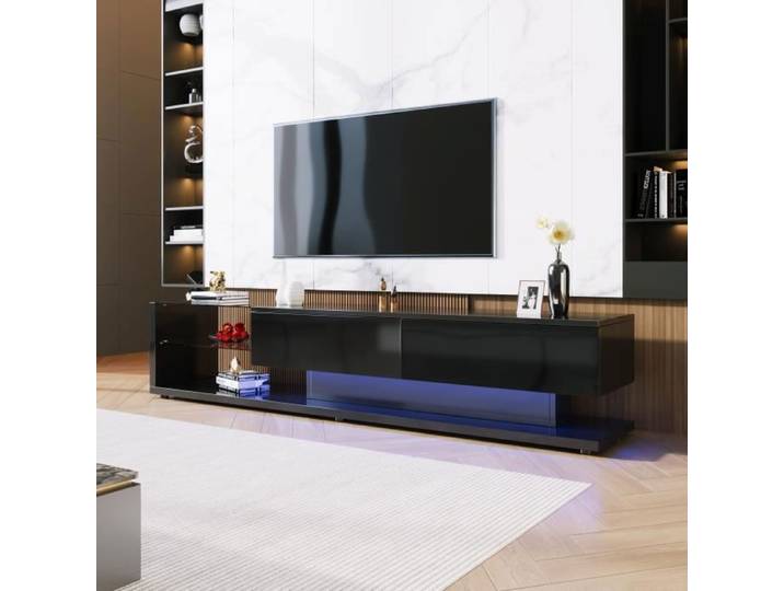 Armoire TV à éclairage LED Buffet Salon Bas Elégant 2 Tiroirs Cloisons en Verre Meuble TV Moderne 170x36x38cm Noir Brillant
