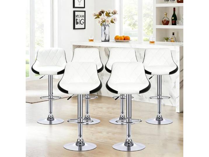 SUPFINE 6pcs Tabourets de Bar Moderne Pivotants Réglables en Hauteur Similicuir pour Îlot de Cuisine Bar Comptoir Noir+Blanc