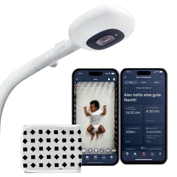 Nanit Pro Babyphone mit Kamera, Bodenständer & Band - Baby Kamera mit 1080p Video & Audio, Schlaftrainer, WLAN, iOS/Android - Weiß
