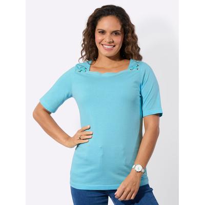 T-Shirt CASUAL LOOKS "Shirt-Set", Damen, Gr. 46, aquamarin, aquamarin, weiß, geringelt, 100% Baumwolle, gemustert, unifarben, eckiger Ausschnitt, Shirts T-Shirt