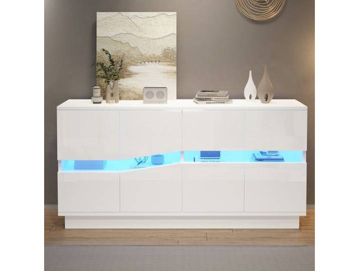 Comfyu - Buffet laqué brillant 140×35×70 cm avec 4 portes finition verre et éclairage LED idéal pour salon/salle à manger - Blanc