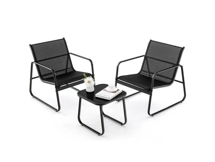COSTWAY Ensemble Table Basse de Jardin et 2 Chaises Tissu Textilène Charge 150KG Meubles 3 PCS de Patio pour Cour Terrasse Noir