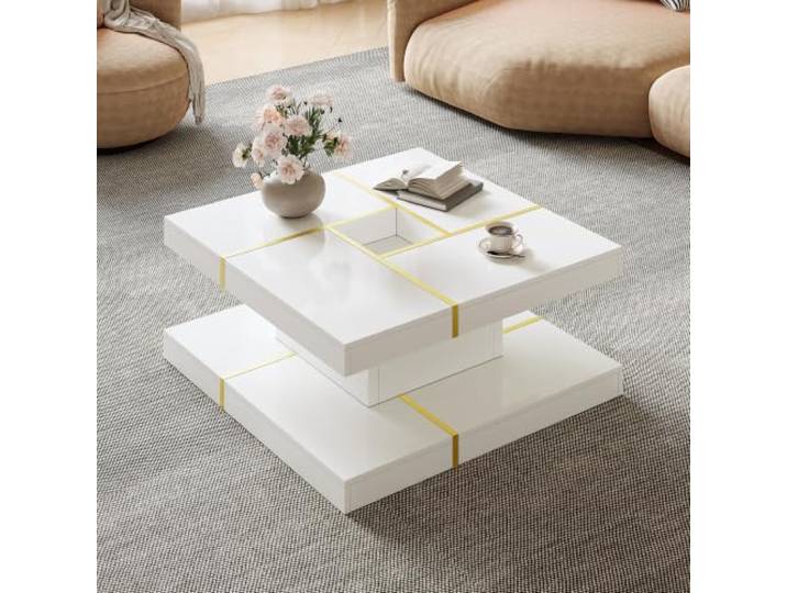 BXEYXE Zweistöckiger Couchtisch aus Spanplatte, quadratisch mit goldenen Metallverkleidungen, mittlere Aussparung, gestuftes Design für Wohnzimmer