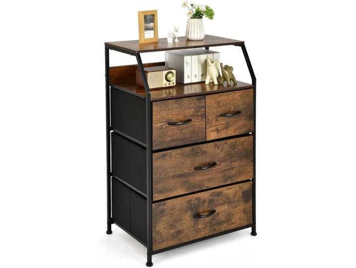 Commode 4 Tiroirs avec 2 Étagères-GOPLUS-Tour de Rangement avec Cadre en Métal-Tiroirs en Tissu-Dispositif Anti-basculement-Brun