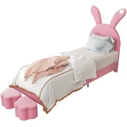 Polsterbett 90x200 cm mit LED-Beleuchtung, Stauraumbänken, Samtbezug, Hasenohren Kopfteil, Lattenrost, modernes und bequemes Schlafzimmerbett in Rosa