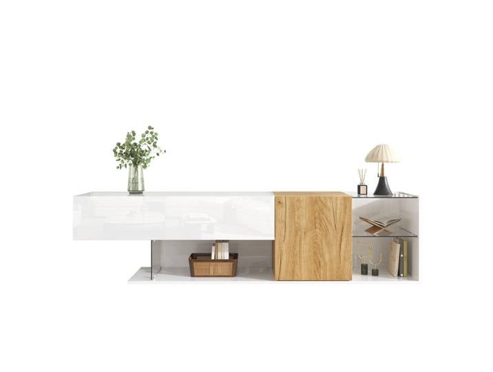 Flieks Tv-Schrank 180cm Hochglanz Weiß Glasregal modern, Mehrfarbig, 38x48x180 cm, Wohnzimmer, TV Möbel, Lowboards, Lowboards stehend