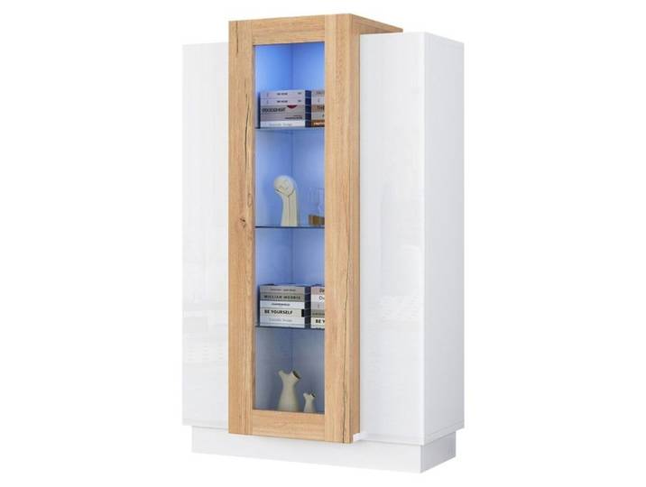 Vitrine Salon-Blanc&Naturel 120cm-3 Portes Vitrées LED-Étagères-Tiroir Verre-Bibliothèque