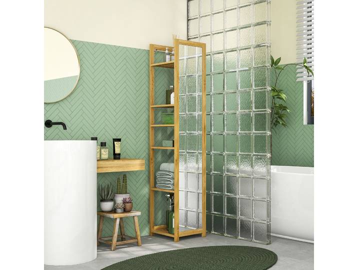 HOMCOM Colonne Salle de Bain Bambou avec Miroir 6 Étagères