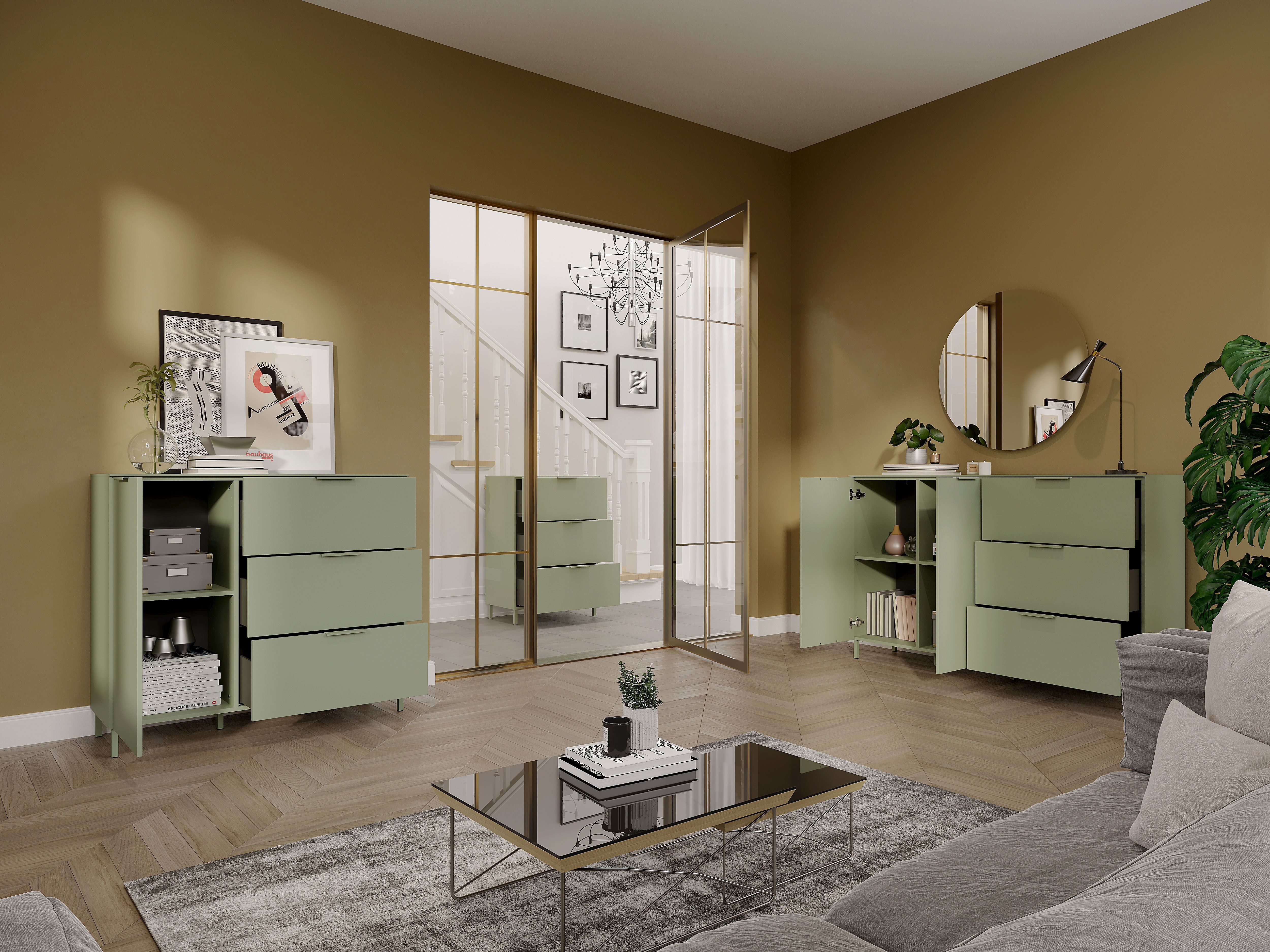 Sideboard GERMANIA "Savoca", grün (taupegrün), B:151cm H:98cm T:40cm, Holzwerkstoff, Sideboards, Sideboard, Breite 151 cm, Soft-close, 2 Fußvarianten inkl., Made in Germany