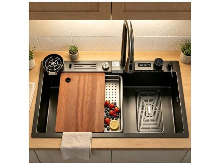 HZKSINNK 85x45cm Wasserfall Küchenspüle, 1 Becken Schwarz Multifunktional Edelstahl Barspüle,mit Ausziehbare Wasserhähne, Schneidebrett, Siphon, Über- und Ablauf-Set Komplettes Zubehör Aufsatzspüle