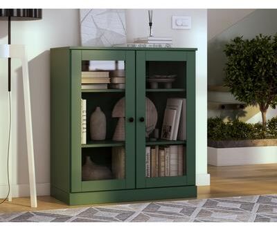 "Palace Imports Solid Wood Short Clear Glass 3-Shelf Bookcase, 32"" W"