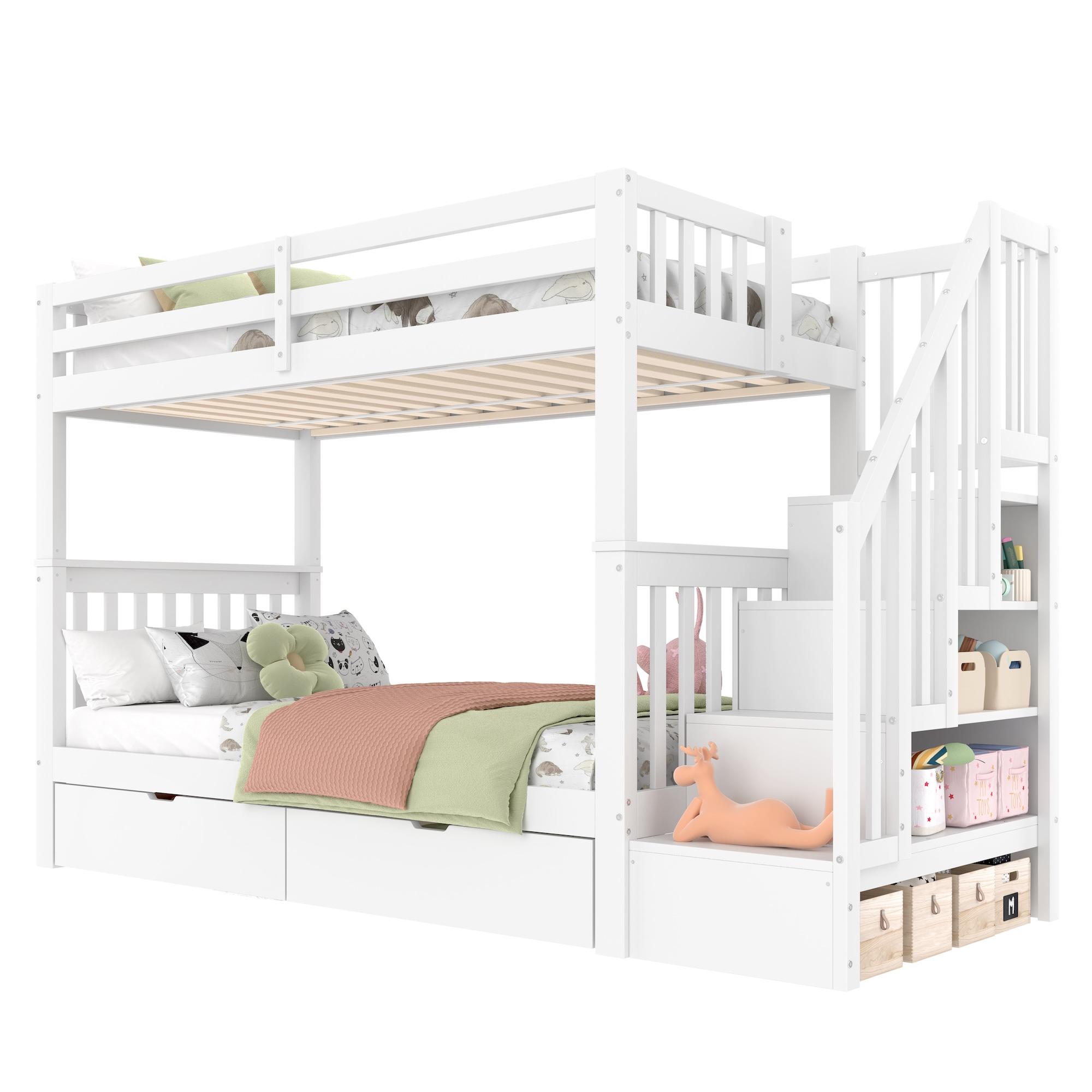 Etagenbett mit 2 Liegeflächen, Lattenrost, Schubladen, Regal, Rausfallschutz und Treppe, 90x200 cm, Kinderbett