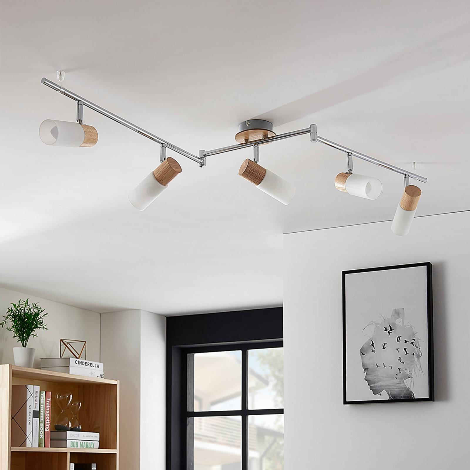 Lindby Deckenstrahler Christoph, 130 cm, 5-flg., Holz, Glas Christoph Lindby, dimmbar, chrom / silber, für Schlafzimmer, Holz, Landhaus / Rustikal, Strahler