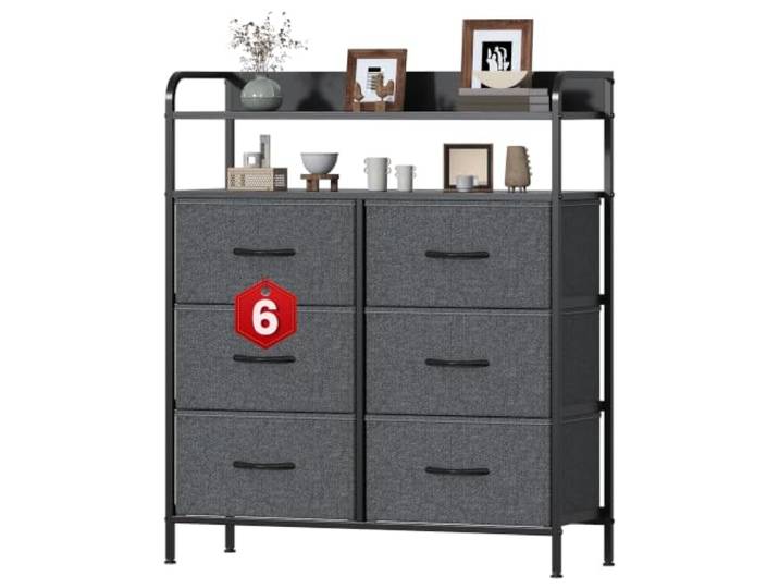 Noblik Kommode mit 6 Stoffschubladen und 2 Arbeitsflächen Robust Metallrahmen und MDF-Holzplatte verstellbare Füße,Kippsicherung,Aufbewahrungsschrank für Schlafzimmer, Wohnzimmer und Flur 83x30x97cm