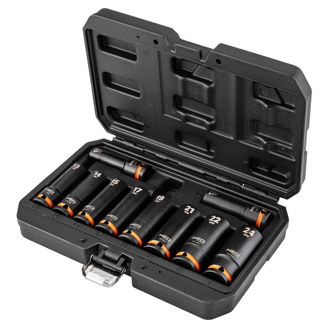 Neo Tools 12-107 Set van 10 schokbestendige lange doppen, 1/2 inch