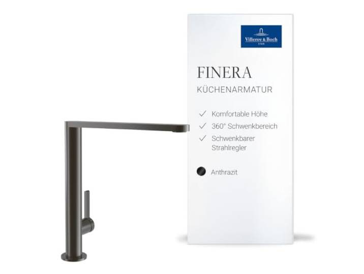 Villeroy & Boch Finera Küchenarmatur, Auslaufhöhe 251 mm – Anthrazit Hochdruck Wasserhahn Küche, Spültischarmatur mit Keramikkartusche und 360° Schwenkbereich, einfache Montage, 92700005