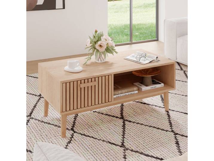 Table basse bois ADWOLT Table d'appoint en osier avec tiroirs et rangement ouvert 100x50x43cm Couleur bois naturel