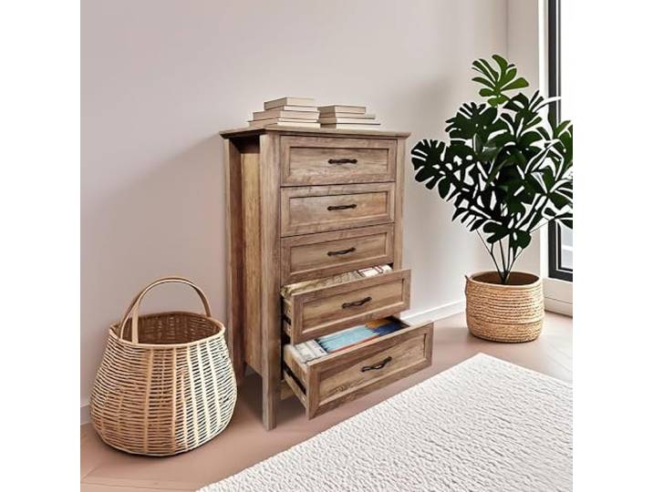 Kommode Schlafzimmer, Kommode mit 5 Geräumige Schubladen, Sideboard Schubladenschrank für Minimalistische Innenräume, Wohnzimmer, Schlafzimmer, Flur, Schrank, Anti-Flip-Design, Rustikaler Stil