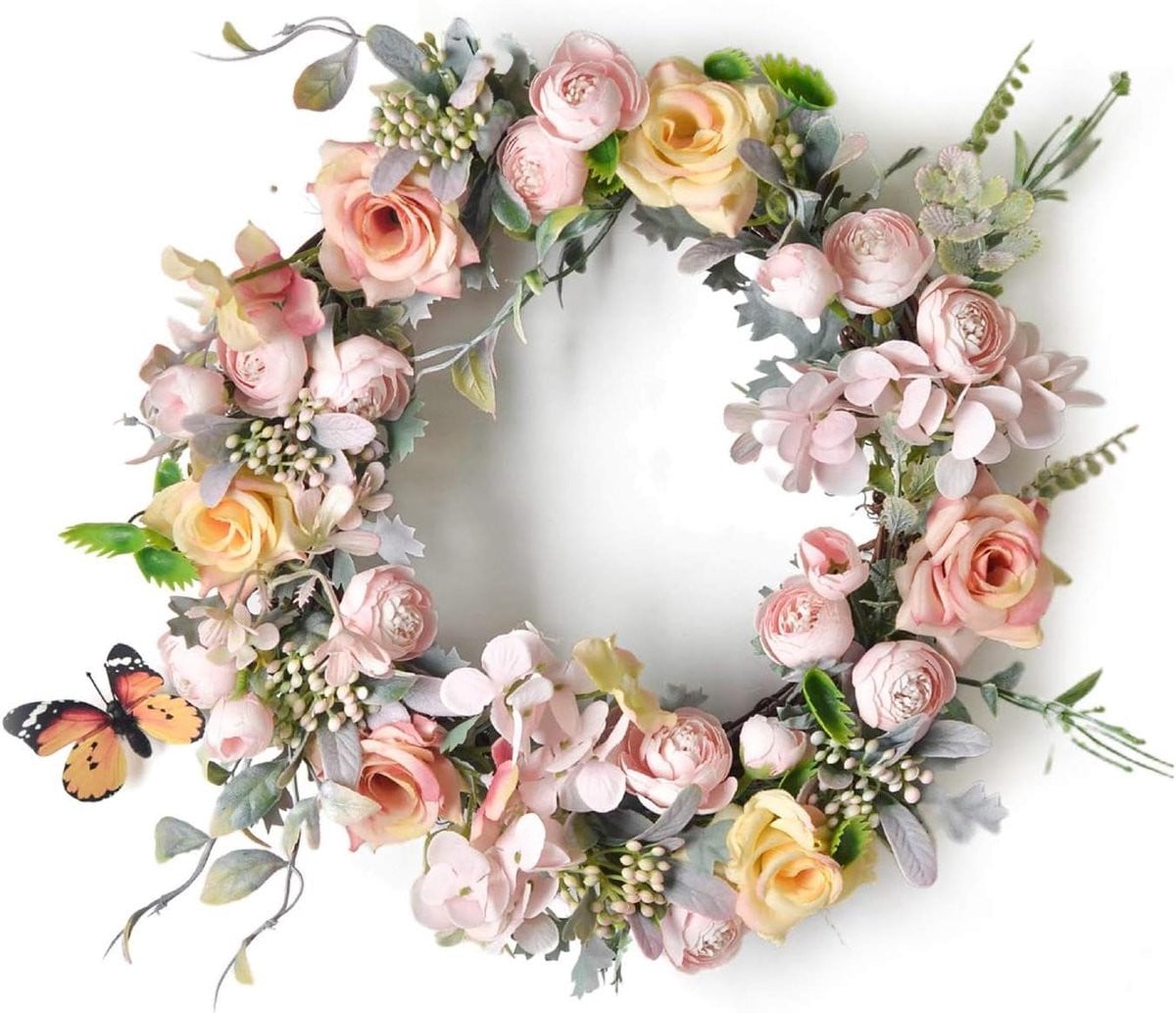 Handgemaakte Kunstbloemenkrans met Rozen - Roze Deurslinger - Diameter: 38 cm