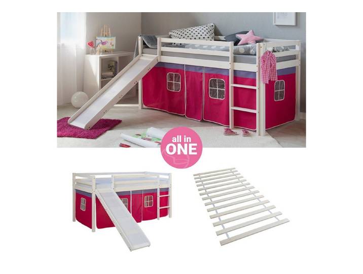 Homestyle4u Hochbett 90x200 cm Kinderbett Weiß mit Vorhang Pink (Set, mit Rutsche, Lattenrost, Spielbett) mit Lattenrost und Rutsche