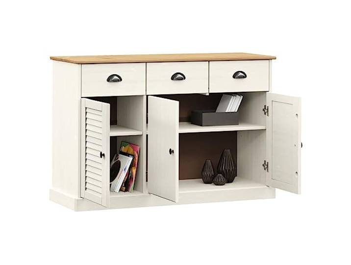 KTHLBRH Sideboard Schubladen VIGO 113 x 40 x 75 cm Massivholz Kiefer Weiß Schubladen und Fächer, Metallgriffe, Design Belüftung, Verwendung als Buffet oder Flurschrank