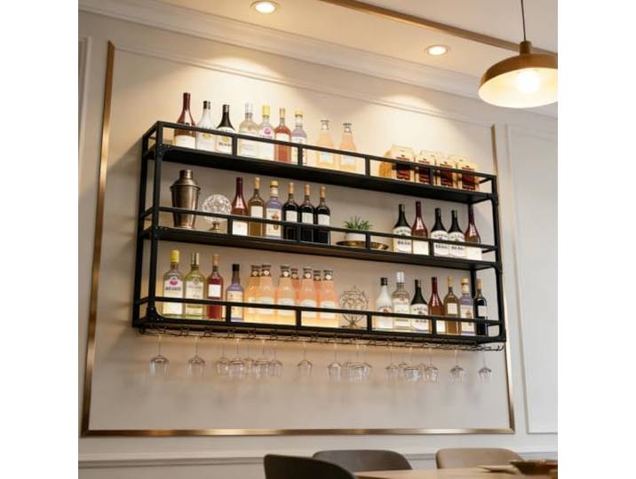 amhricho Weinregal Wand, 3 Ebenen Wand-Weinregale mit Glashalter, Multi funktionaler Weinpareite Display Rack,Weinflaschenhalter Wandmontage, für Zuhause, Bar, Küche, Restaurant (BLACK, 180*25*90cm)