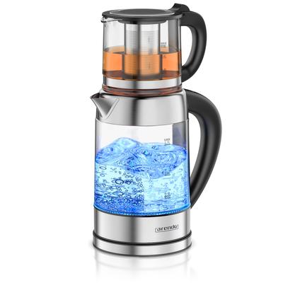 Arendo Glas-Wasserkocher 1,7 l mit 0,8-l-Teekanne und Edelstahlsieb, 2200 W, 5 Temperaturstufen, LED-Farbring und Warmhaltefunktion