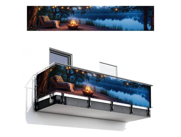 MuchoWow Balkon-Sichtschutz Lagerfeuer - See - Abendlicht, Dunkelblau, Kunststoff, Rechteckig, 500x95 cm, Sonnenschutz, Sichtschutz