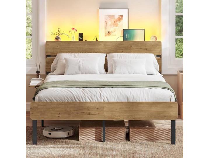 Vasagle Bed Frame 140 x 190 Metal Bed Base LED Lighting USB Port