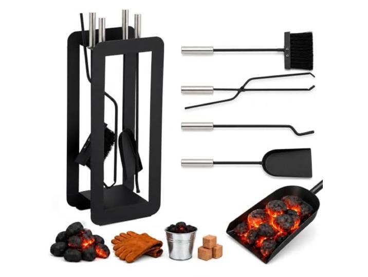 Relaxdays Ensemble serviteur de cheminée 5 pièces Acier Accessoire Pelle Balai Support tisonnier\, Noir