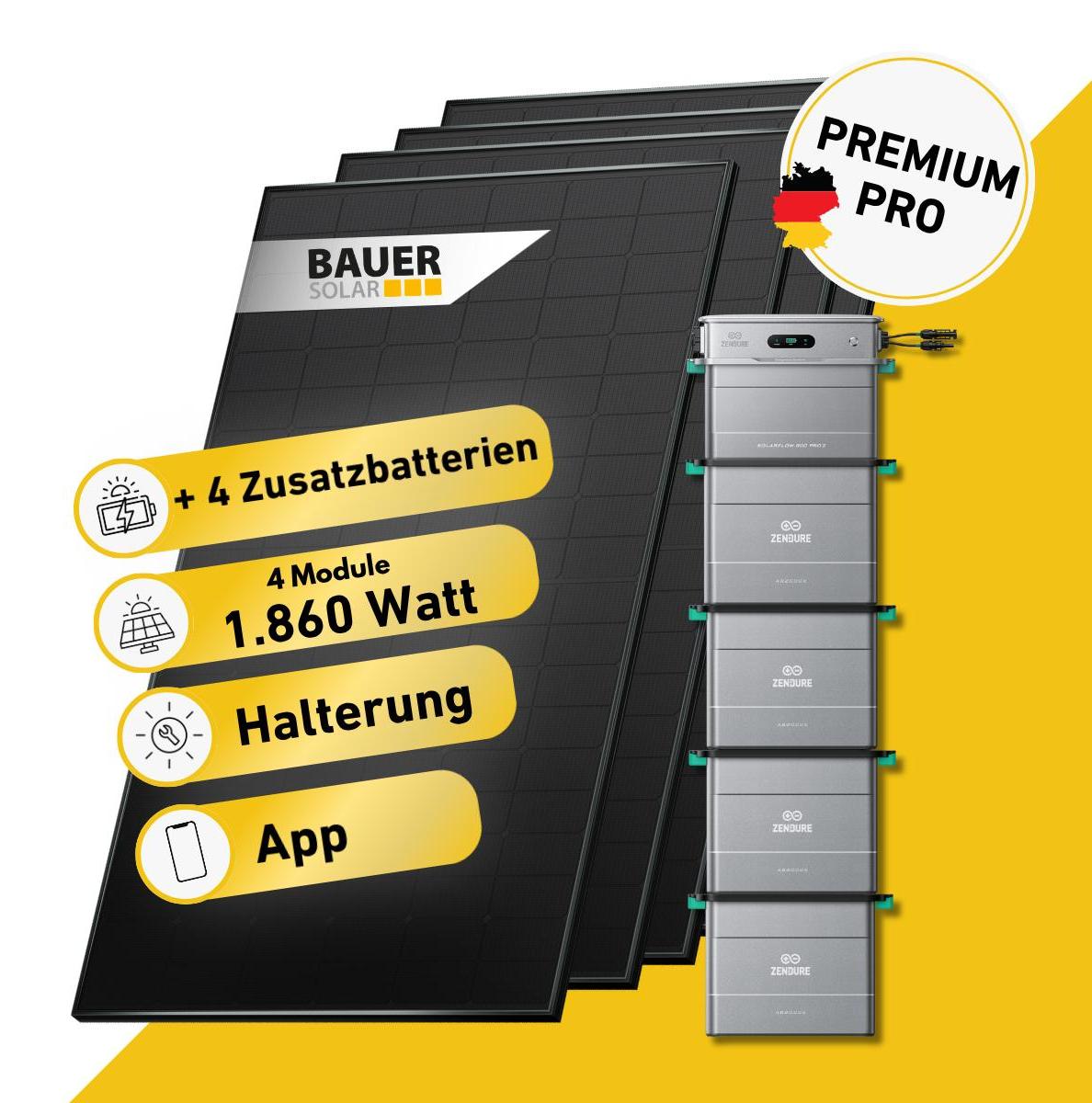 1860 Watt, Bifazial Komplettset, Balkonkraftwerk, Zendure Solarflow 800 Pro 2, 4 x AB2000L Zusatzbatterie, Germany 20m Anschlusskabel, Halterung Ziegeldach vertikal