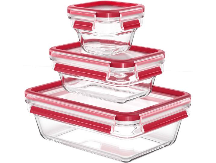 Frischhaltedose EMSA Clip & Close Glas , rot (rot, transparent), Glas, Kunststoff, Lebensmittelaufbewahrungsbehälter, Frischhaltedose, 0,18/0,45/1,3L, gefrier-,backofen-,mikrowellen- und spülmaschinenfest