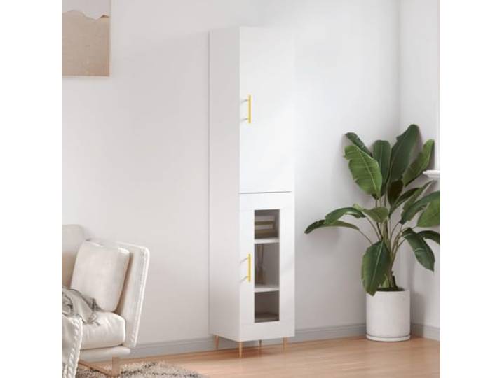HEFZGDB Highboard Weiß Räuchereiche 34,5x34x180 cm Holzwerkstoff mit Wandhalterungssicherung, langlebiges Highboard Holzwerkstoff mit viel Stauraum und Metallfüßen, Stauraum Schrank
