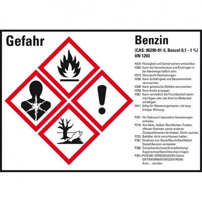 König Werbeanlagen Dreifke® Aufkleber I Gefahrstoffetikett Benzin UN 1203, GefStoffV/GHS/CLP, 148x105mm, 4/Bogen