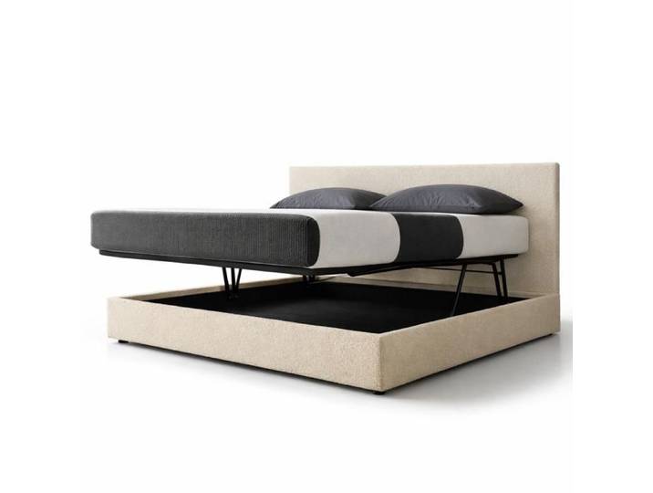 Lit coffre avec tête de lit - SAMPUR - 90x190 cm - Tissu bouclette beige - Ouverture horizontale - Grand coffre