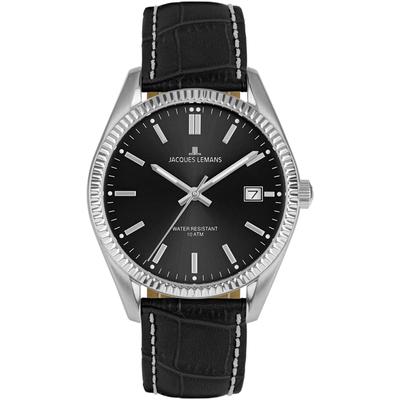Quarzuhr JACQUES LEMANS "Derby", schwarz (schwarz, schwarz, schwarz), Armbanduhren, Damen, silberfarben, Quarzuhr, Armbanduhr, Herrenuhr, Damenuhr, Lederarmband, Datum
