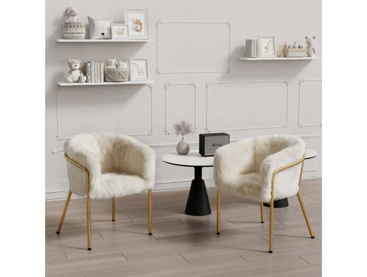 Lot de 2 Chaise de Salle à Manger Chaise de Loisirs Fauteuil Scandinave Imitation Duvet de Lapin Piedsen Métal 42x40x76cm Beige