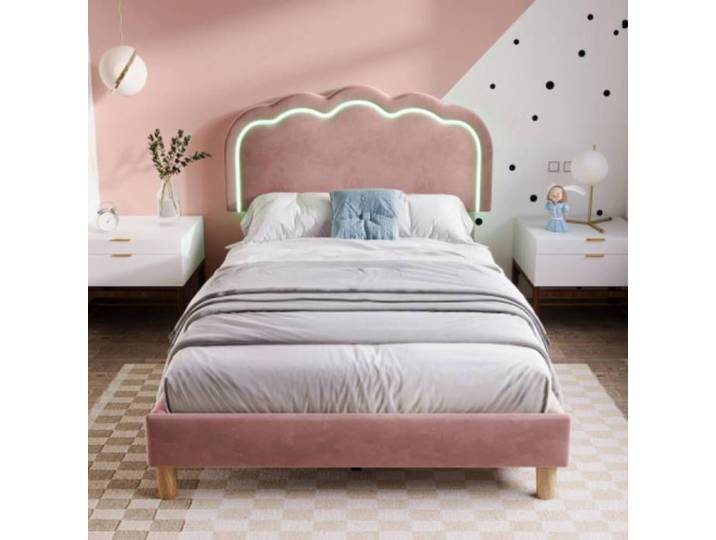 Lit Enfant Fille 90x200 Rose Capitonné LED en Velours– Lit avec Tête de Lit Réglable Moderne – Norevia