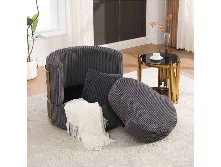 MEULVA Fauteuil pivotant 360° en velours côtelé gris avec accoudoirs rembourrés et rangement