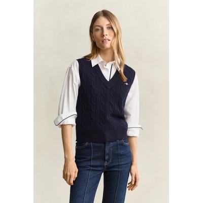 Pullunder GANT "LAMBSWOOL CABLE KNIT", Damen, Gr. M, evening blau, Strick, Obermaterial: 100% Wolle, regular fit normal, V-Ausschnitt, Pullover Pullunder, aus reiner Wolle, mit Zopfmuster