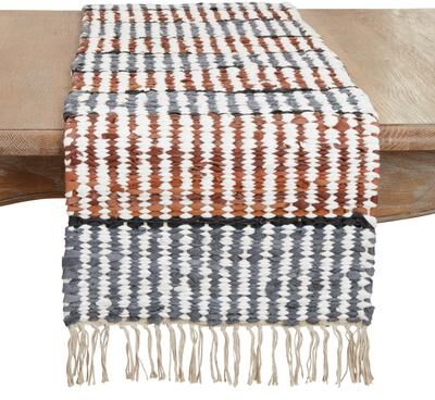 Saro Lifestyle "Leather Chindi Stripe Fringed Table Runner - 16""x72"""
