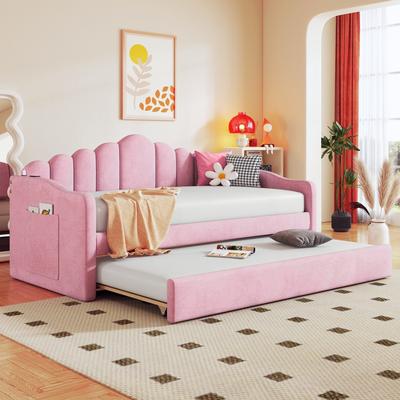 Kodotan sofa Twin size Upholstered Daybed with Trundle, Velvet Sofabed with USB Charging Ports, No Box-spring Needed, Pink